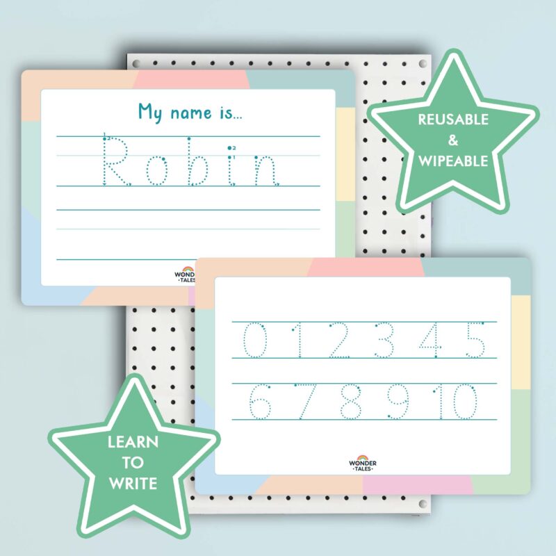 PRE WRITING MATS - LEARN TO WRITE NAME, NUMBERS, SHAPES