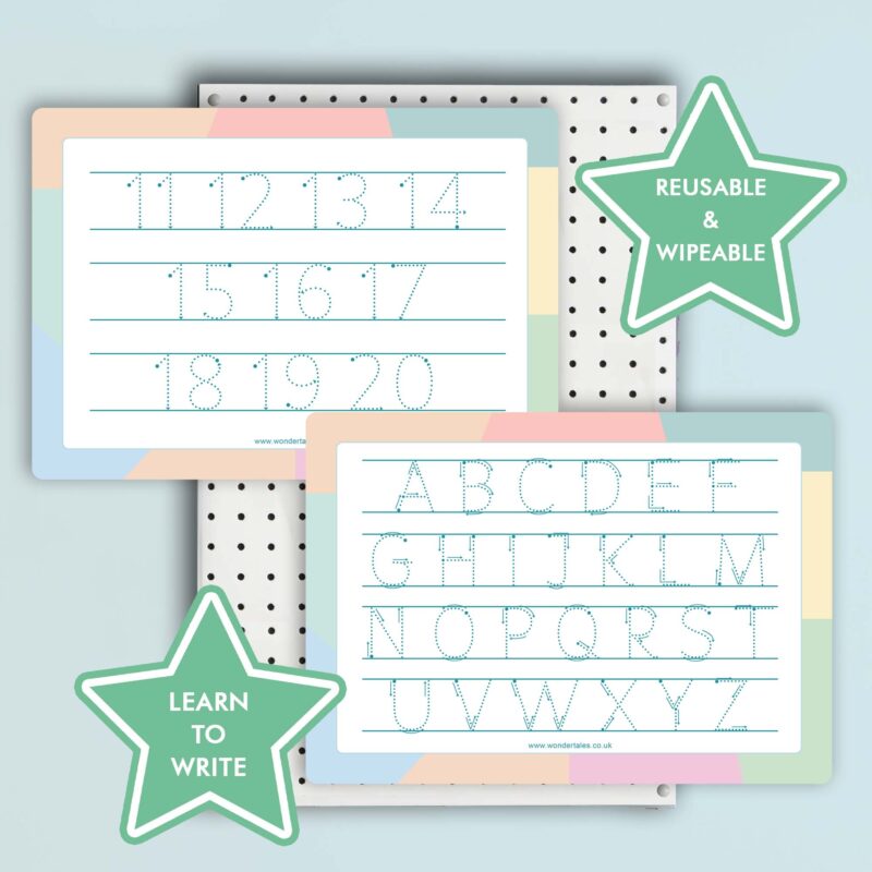 PRE WRITING MATS - LEARN TO WRITE NAME, NUMBERS, SHAPES